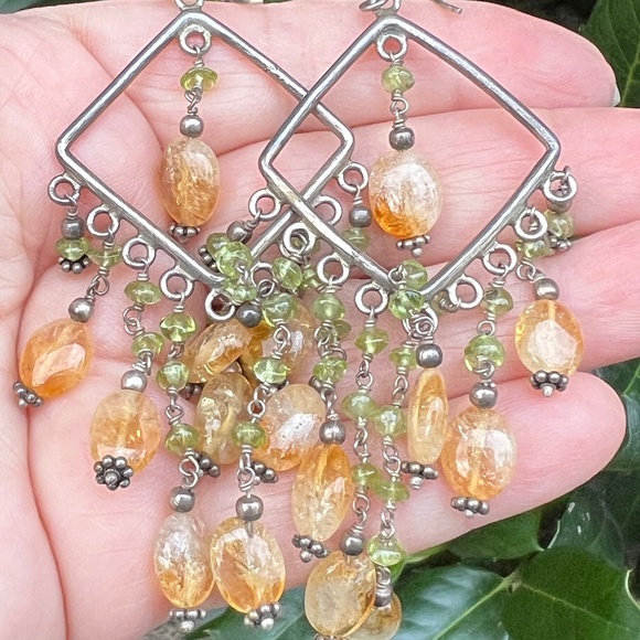 VINTAGE 925 SS CITRINE PERIDOT OVERSIZED LONG DROP DANGLE STATEMENT EARRINGS